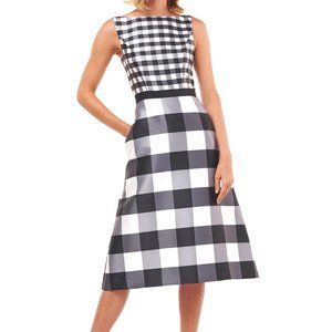 Kay Unger Pauline Gingham Mikado sleeveless midi dress in black and white sz 10